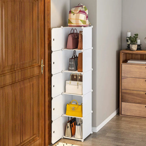 Five Cube Organizer Narrow Cabinet Shelves With Doors 11.8 Inch Cubes Plastic Storage Rack for handbags in living room corner