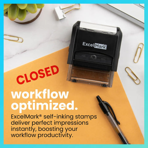 Heavy Duty Self Inking Rubber Office Stamp Printing Crisp Closed Messages In Bold Red Ink With A Quick Swap Replaceable Pad on orange paper.