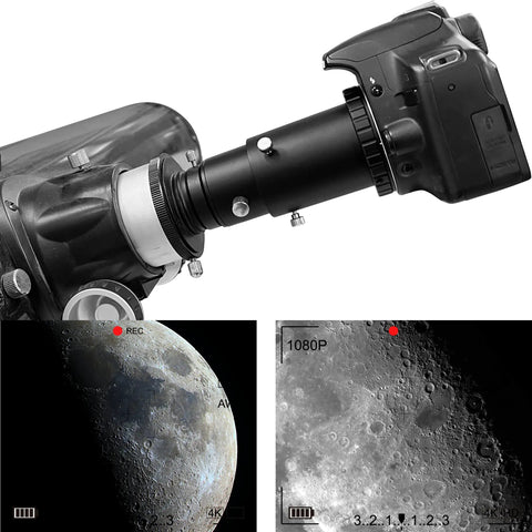 1.25 Inch Extendable Camera Adapter For Prime Focus Or Eyepiece Projection Astrophotography setup with telescope and moon image