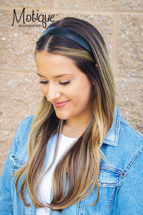One Inch Vegan Leather Headband For Women Non Slip Hair Band Black worn by a woman with long hair and denim jacket.