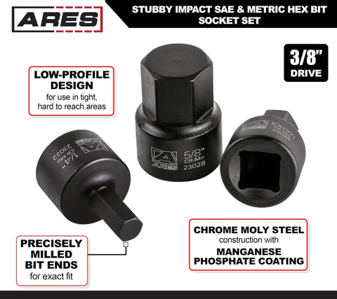 16 Piece Stubby Impact Hex Socket Set For SAE And Metric Sizes With Chrome Moly Steel Construction And Manganese Phosphate Coating Includes Storage Case For Heavy Duty Impact Use showing three sockets with labels and features