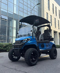 Pick Up Speed Without Breaking A Sweat On This Reliable Two Seater Electric Golf Cart featuring a cool blue exterior and black tires.
