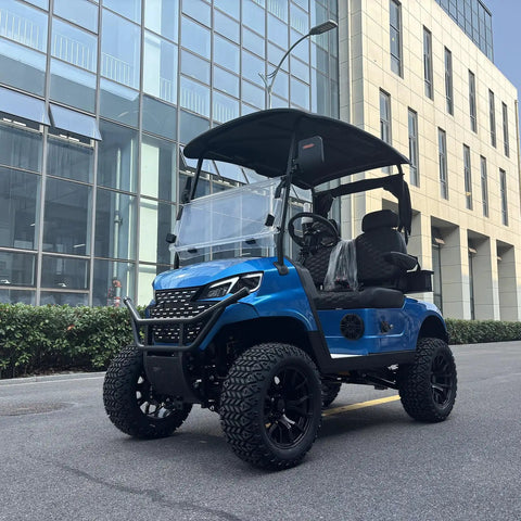 Pick Up Speed Without Breaking A Sweat On This Reliable Two Seater Electric Golf Cart featuring a cool blue exterior and black tires.