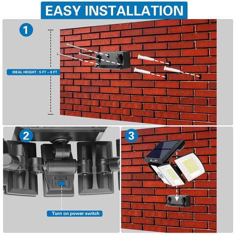 Installation guide for Cordless Solar Motion Sensor Lights Outdoor So Bright, 300 LED 6500K Flood Light with adjustable heads.