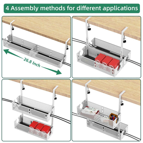 4 assembly options for Dual Pack Under Desk Cable Management Tray Set With Metal Clamp Mounts on wooden desk