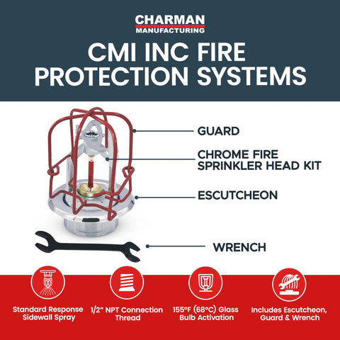 Pro Grade Chrome Sidewall Fire Sprinkler Head Kit For Half Inch NPT Connection standard response with included wrench and escutcheon.