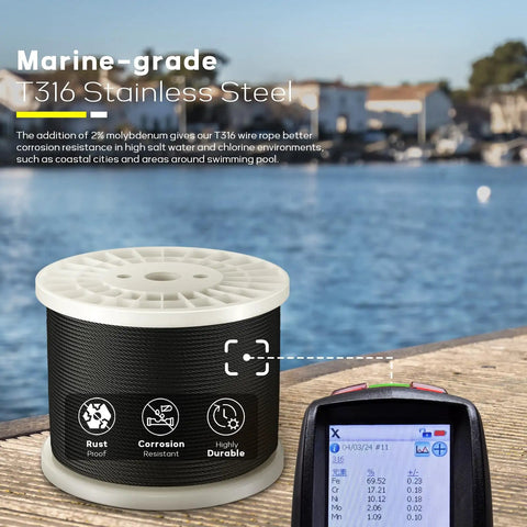 Top Shelf 400FT 1/8 Inch Black Stainless Steel Cable For Railing Systems Heavy Duty 7X7 Wire Rope with marine-grade T316 steel.