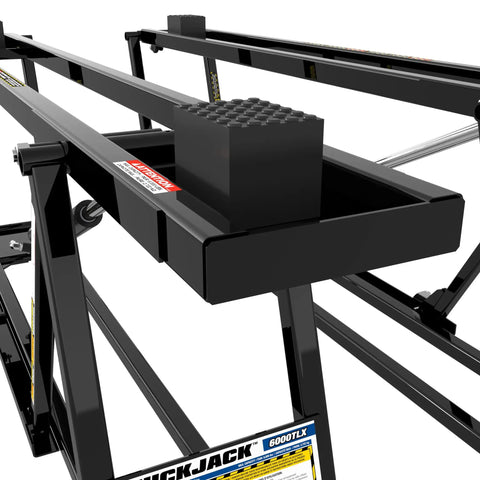Close-up of 6000TLX Portable Car Lift Bundle with pinch weld blocks, ALI certified 110V power unit, 6000 lb capacity frame