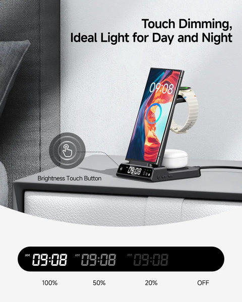 3 In 1 Wireless Charging Station For Galaxy Phones Watches And Buds With Dimmable Digital Clock on nightstand