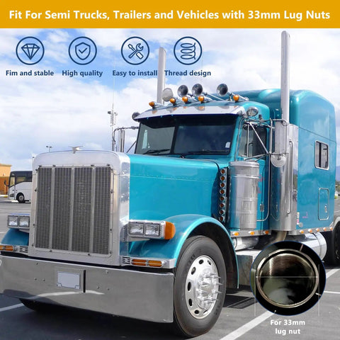 20 Pack Chrome Spike Lug Nut Covers For Semi Trucks 33mm Thread On ABS Plastic Rust Resistant Screw On Nut Covers With Sharp Spikes And That High Gloss Chrome Vibe displayed with a blue semi truck.