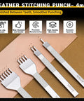 Set of 4mm prong punches from All In One Pro Grade Leather Stitching Hole Punch Tool Set, shown against leather for DIY crafts