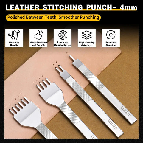 Set of 4mm prong punches from All In One Pro Grade Leather Stitching Hole Punch Tool Set, shown against leather for DIY crafts