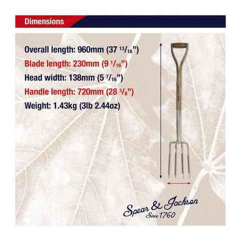 Traditional Stainless Steel Border Fork For Aerating Weeding And Digging With Comfortable Wooden Handle dimensions chart