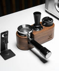 Magnetic WDT Tool For Espresso Puck Prep With 120 Degree Adjustable Angle, shown with 0.25mm and 0.40mm needles, in a barista setup.