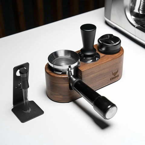 Magnetic WDT Tool For Espresso Puck Prep With 120 Degree Adjustable Angle, shown with 0.25mm and 0.40mm needles, in a barista setup.