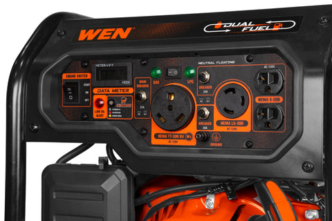 Control panel of Dual Fuel Portable Generator With Electric Start And CO Watchdog, Power Up On Gas Or Propane, 5,600 Peak Watts