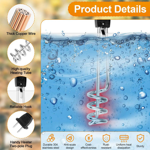 Portable Immersion Water Heater 1000W 110V Submersible Heating Coil shown in water with features list