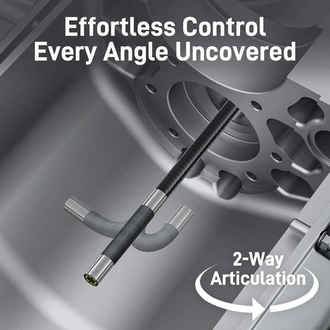 Two-Way Articulating Borescope With Light USB-C Endoscope Inspection Camera in engine bay highlighting 2-way articulation
