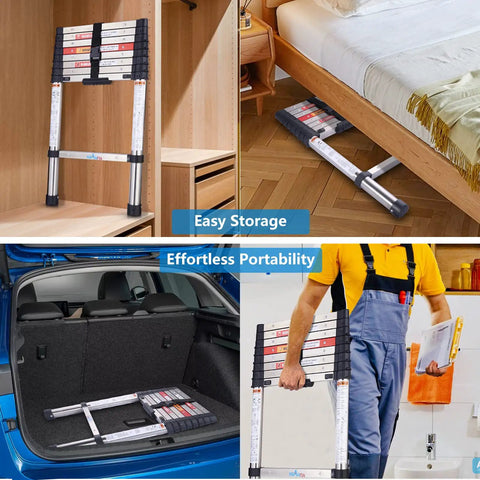 Stainless Steel Telescoping Ladder 8.5 Ft With One Button Retraction in storage, under bed, in car, and being carried