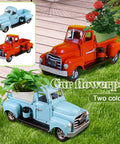 Retro Blue And Red Pickup Truck Decor For Garden And Tabletop Vintage Farmhouse Metal Planter And Storage Truck Perfect Fall Desk Centerpiece Car Model Gift And Cute Garden Accent displayed on grass with plants