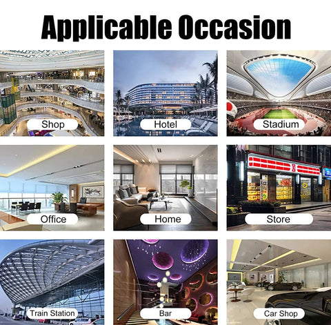 Grid of images showing various locations: shop, hotel, stadium, office, home, store, train station, bar, car shop.