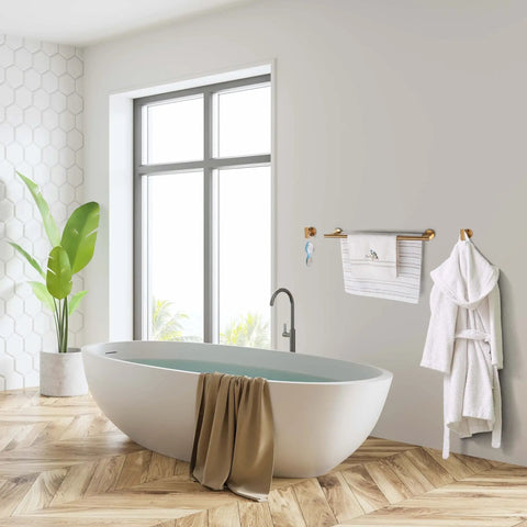 Gold Brushed 7 Piece Bathroom Accessory Kit Wall Mounted Featuring 23.62 Inch Double Towel Bar in modern bathroom