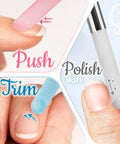 Glass Cuticle Pusher Manicure Stick with slanted side and pointed end, demonstrating push, trim, and polish uses on nails