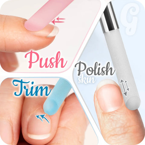 Glass Cuticle Pusher Manicure Stick with slanted side and pointed end, demonstrating push, trim, and polish uses on nails