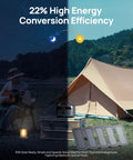 Portable Power Station 192Wh LiFePO4 Battery Solar Generator With 300W Continuous Power next to a tent in an outdoor setting.
