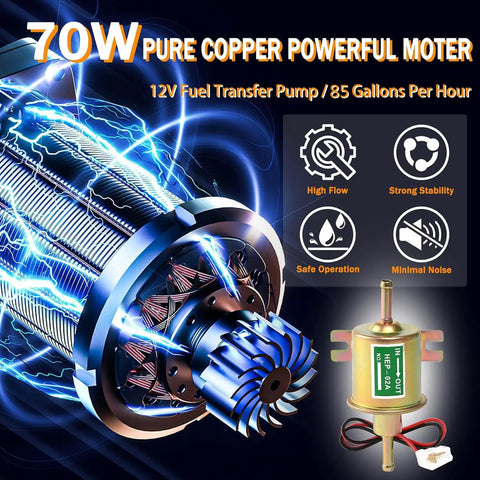 70W pure copper motor of 12V Fuel Transfer Pump Set for Gasoline and Diesel, electric pump details, and specifications