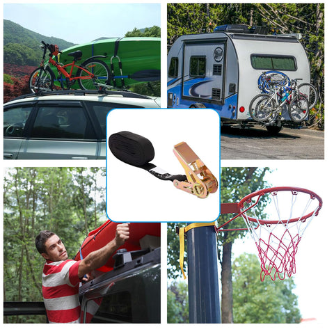 Endless Ratchet Straps No Hook Nylon Tie Downs for Motorcycles and Kayaks, securing bikes and kayaks on car and trailer