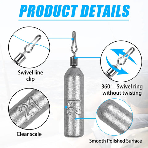 Drop Shot Lead Weights Kit with Barrel Swivels, close-up of pencil shaped snagless sinker showing swivel and scale