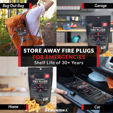 Waterproof Windproof Fire Plugs 50 Pack Fire Starter Pellets in use at home, car, and outdoors for emergencies.