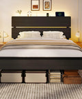 Queen Bed Frame With Smart App Controlled RGB LED Lights, Dual Wireless Charging Dock, Built In Storage Shelf, Modern bedroom setup with under-bed storage.