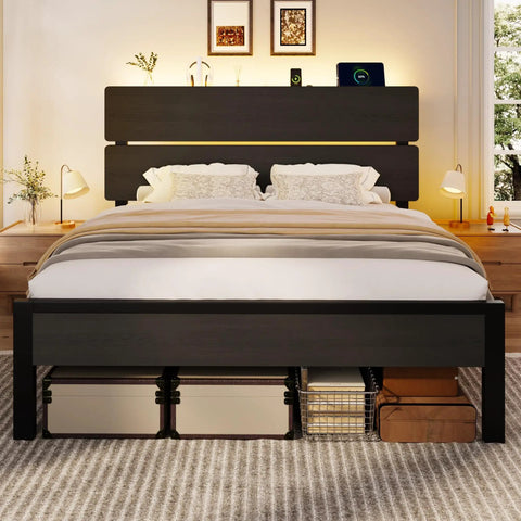 Queen Bed Frame With Smart App Controlled RGB LED Lights, Dual Wireless Charging Dock, Built In Storage Shelf, Modern bedroom setup with under-bed storage.
