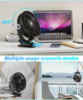 Power-Packed 12000mAh Clip-On Fan With 8 Inch Blade on desk, chair, and railing, showcasing versatile 4-in-1 design with 360° rotation.