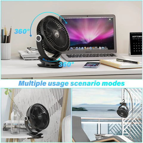 Power-Packed 12000mAh Clip-On Fan With 8 Inch Blade on desk, chair, and railing, showcasing versatile 4-in-1 design with 360° rotation.