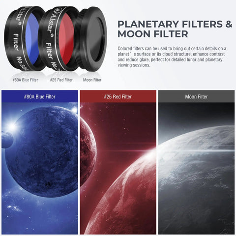 Planets with color shift from #80A Blue, #25 Red, Moon filter, Beginner Telescope Accessory Kit With 8 Pieces Featuring Fully Coated Eyepieces, 2X Barlow Lens, Moon Filter, Color Filters, And A Sturdy Carry Case - The Essential Starter Gear For Newbie Stargazing.