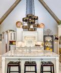 Rustic Pendant Light Fixtures For Farmhouse Kitchen And Entryway, wood chandelier with black cage hanging over kitchen island.