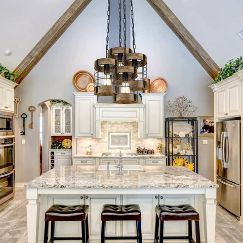 Rustic Pendant Light Fixtures For Farmhouse Kitchen And Entryway, wood chandelier with black cage hanging over kitchen island.