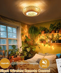 Coastal Boho 20 Inch Ceiling Fan with Light Rattan Caged Flush Mount in cozy bedroom with plants, remote shown