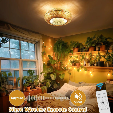 Coastal Boho 20 Inch Ceiling Fan with Light Rattan Caged Flush Mount in cozy bedroom with plants, remote shown