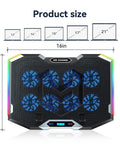 Eight Fan Gaming Laptop Cooling Pad for 15 to 17.3 Inch Notebooks With RGB Lighting Dual USB Ports Phone Stand And Six Height Adjustable Ergonomic Stand To Maximize Airflow And Keep Your Rig Chill During Long Gaming Sessions with size dimensions and fan layout shown.