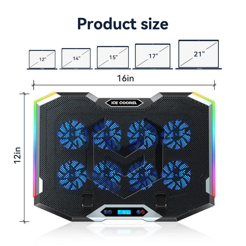 Eight Fan Gaming Laptop Cooling Pad for 15 to 17.3 Inch Notebooks With RGB Lighting Dual USB Ports Phone Stand And Six Height Adjustable Ergonomic Stand To Maximize Airflow And Keep Your Rig Chill During Long Gaming Sessions with size dimensions and fan layout shown.