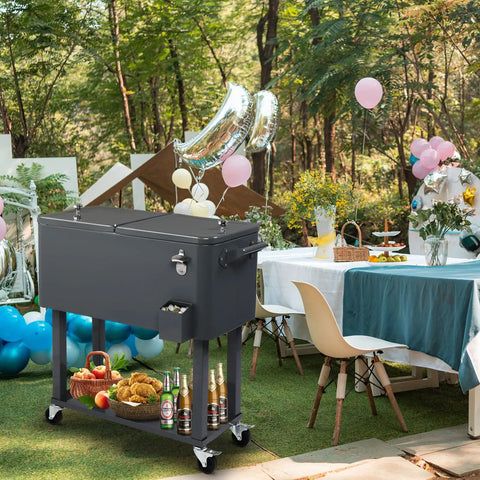80 Quart Rolling Ice Chest Cooler Cart for Patio and Poolside Parties with drinks on lower shelf, set outdoors.