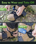 Lawn Aerator Shoes With Ankle Protection And Adjustable Straps being worn and secured over boots in three steps, close-up view.