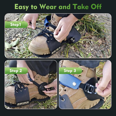 Lawn Aerator Shoes With Ankle Protection And Adjustable Straps being worn and secured over boots in three steps, close-up view.