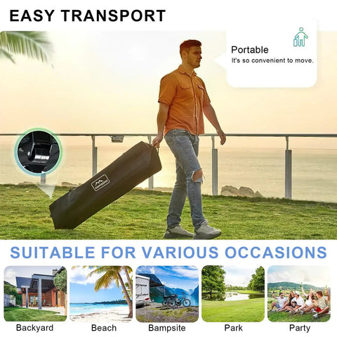 Man carrying wheeled bag with 10x10 Pop Up Canopy Tent With Side Walls Waterproof Portable Shade for camping and events.