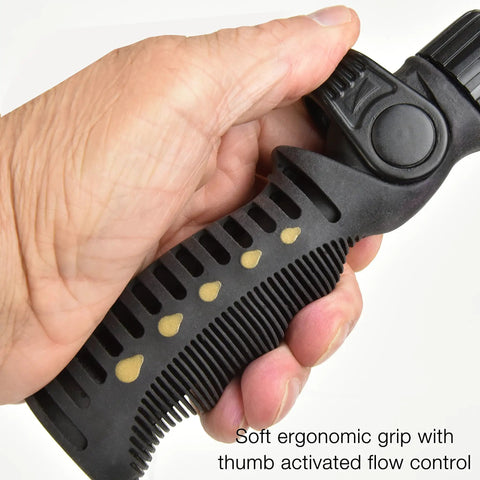 Close-up of a hand holding the Telescoping Watering Wand With 18 To 24 Inch Reach, Zinc Alloy Handle, focusing on thumb-control valve and soft grip handle.