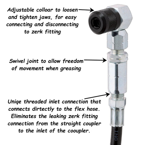 Front view of chrome 90-degree grease gun coupler with swivel head and threaded inlet.